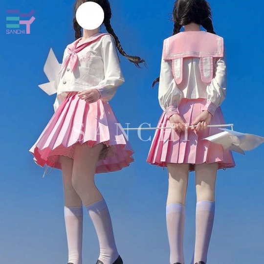 SANCHI Beautiful Japanese schoolgirl uniform sailor suit shirt pleated skirt blue/pink