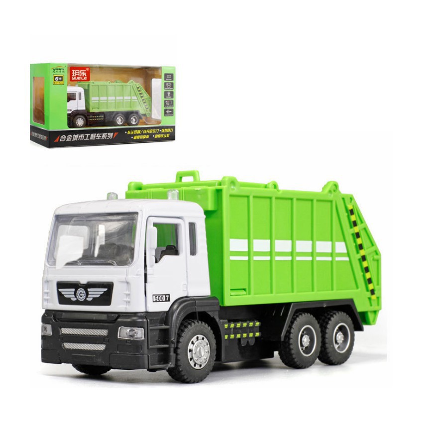 Đồ chơi xe ô tô chở rác mini mô hình tỉ lệ 1:50 xe có cabin bằng sắt chạy bằng cót có đèn và âm thanh động cơ