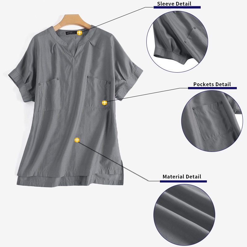 Áo kiểu Zanzea ngắn tay cổ chữ V màu trơn phong cách Hàn Quốc cổ điển thời trang cho nữ