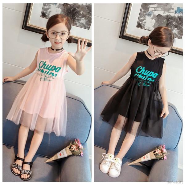 Đầm thun phối vải voan thời trang cho bé gái