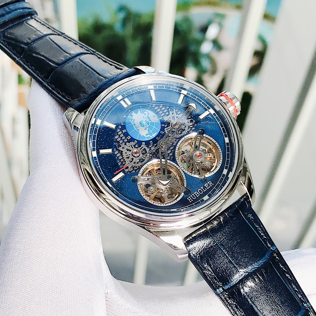 Đồng Hồ Nam Huboler Automatic Dây Da Xanh Silver Chính Hãng 44mm