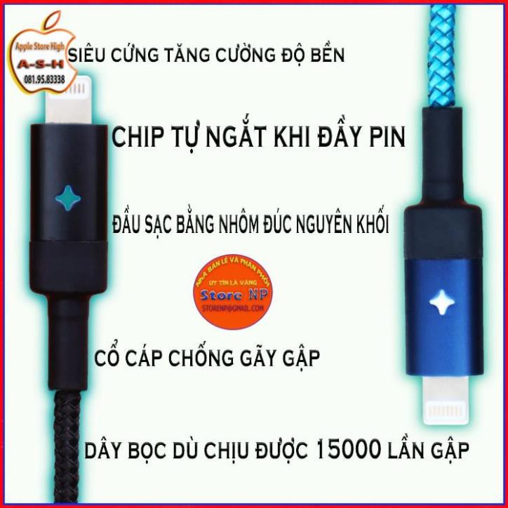 Dây Cáp Sạc iphone Tự Ngắt Khi Đầy Pin - Có Đèn Led - Chính hãng E-Com - Bọc dù chống đứt _ storenp