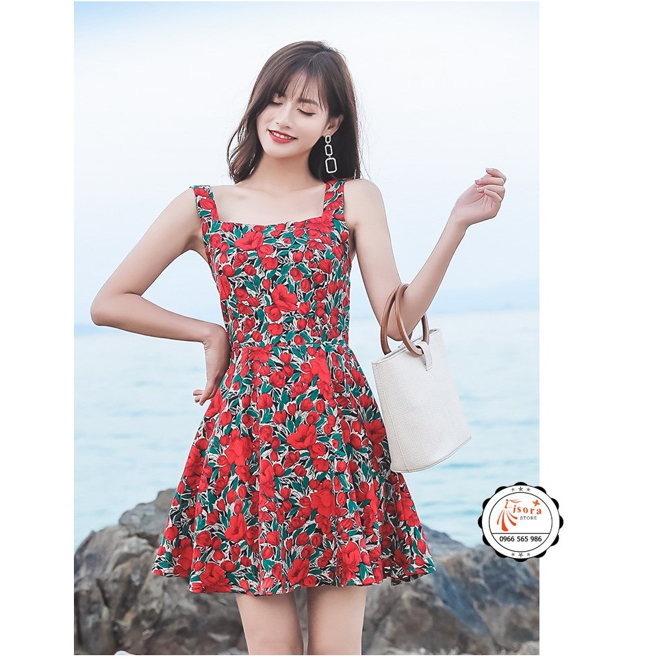 Váy Maxi Đỏ Hoa Tulip Dáng Ngắn- Maxi Đi Biển, Ảnh Thật- Hàng Có Sẵn- Nhập Khẩu Cao Cấp- ISORA