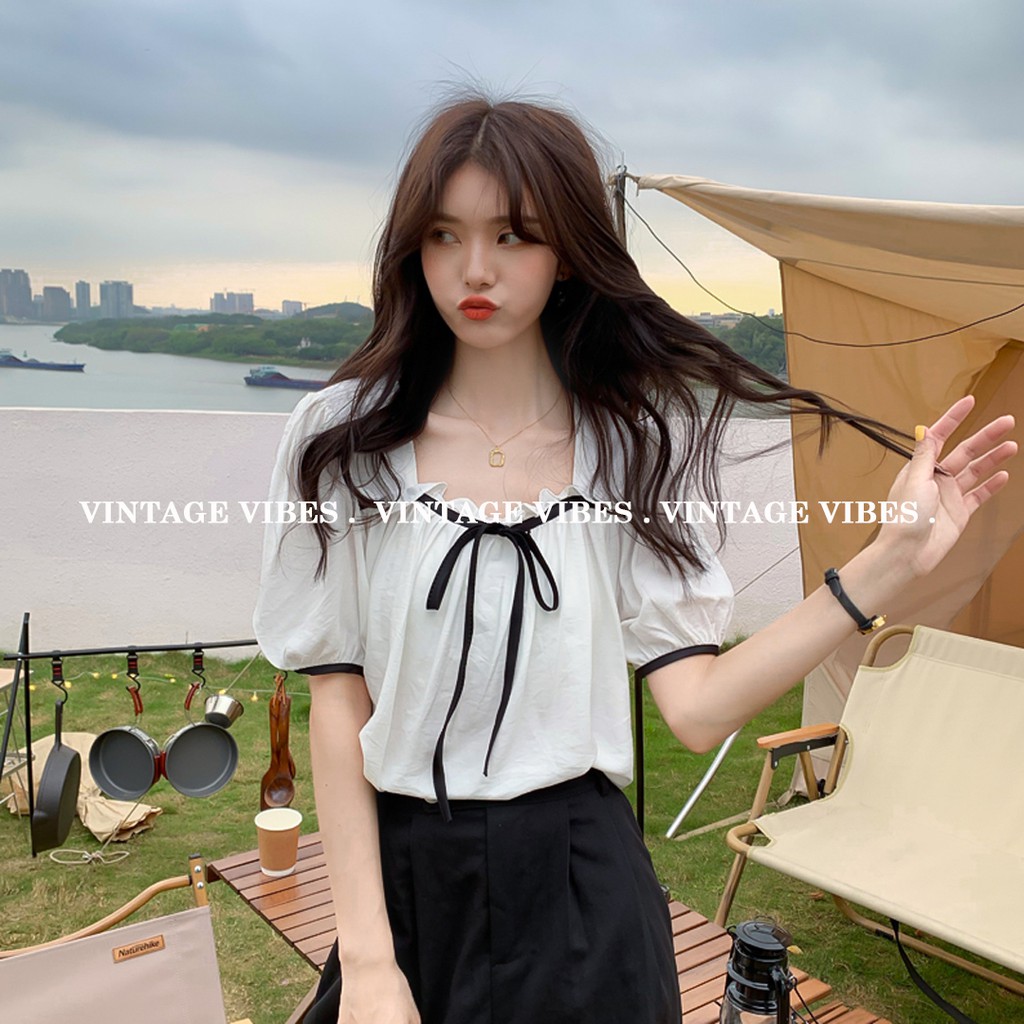 Áo babydoll cổ bèo phối nơ cộc tay tiểu thư Ulzzang (hàng QC) - Ảnh thật cận chất 1000%