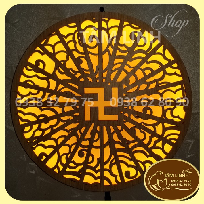Hào Quang Led Cắt CNC Vân Mây Trên Gỗ Hoa Sen Và Chữ Vạn