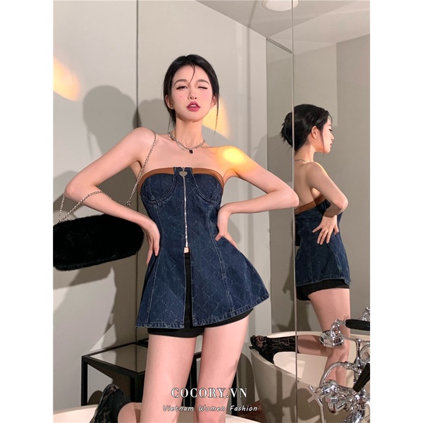Cocory vn Set Đầm Ống Phối Màu Đen Và Quần Short Thời Trang Mùa Hè Quyến Rũ