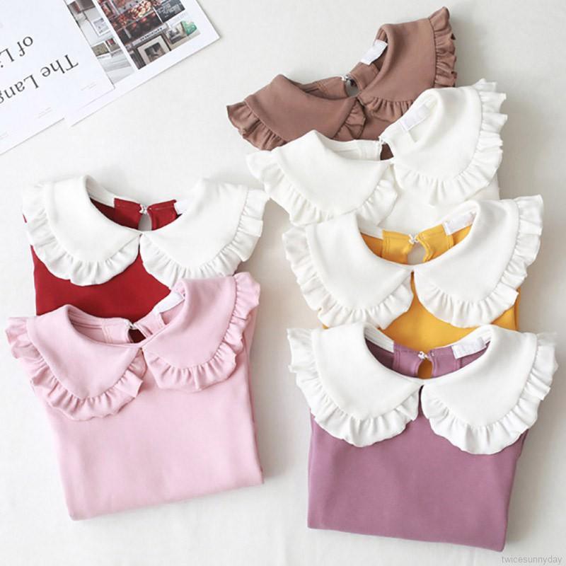 Áo thun tay dài phối bèo màu trơn cho bé gái