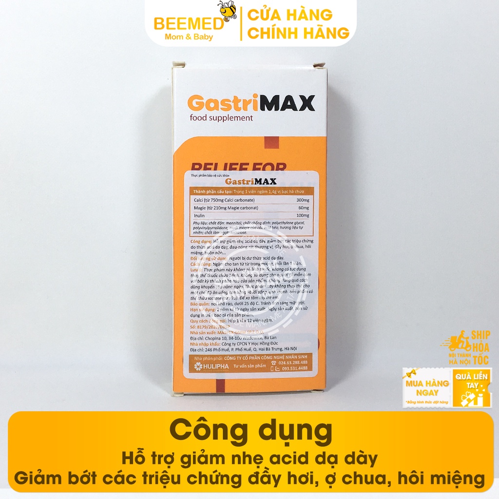 Gastrimax hỗ trợ giảm axit dạ dày, đầy hơi, ợ chua - gastrimax - 1 vỉ x 12 viên ngậm