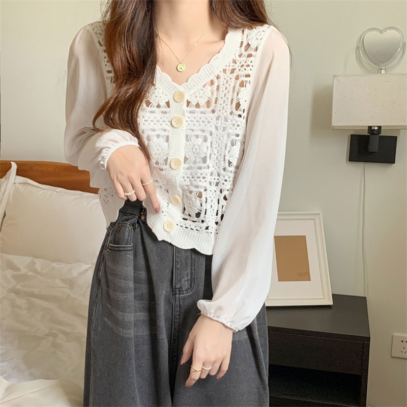 Áo Khoác Cardigan Chiffon Tay Dài Phồng Cổ Chữ V In Họa Tiết Hoa Thời Trang Cho Nữ