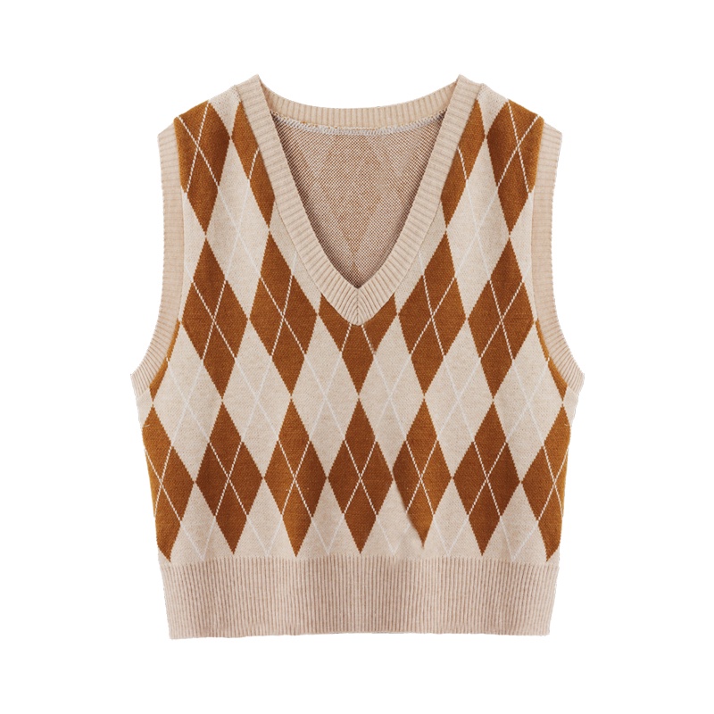 Áo len không tay cổ chữ V họa tiết sọc caro thiết kế thời trang dành cho nữ