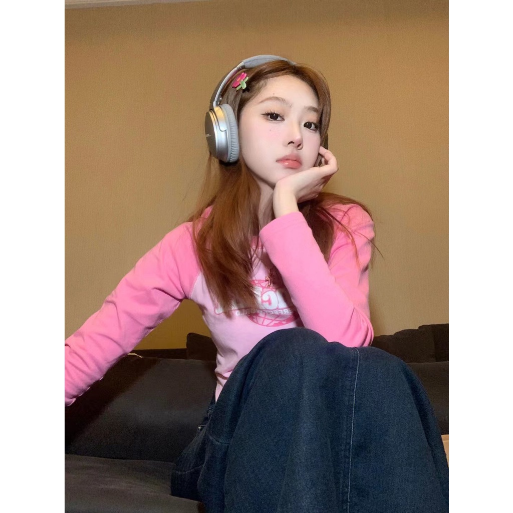 Áo Thun Cotton Tay Dài Raglan Màu Sắc Tương Phản Phong Cách Retro Dành Cho Nữ