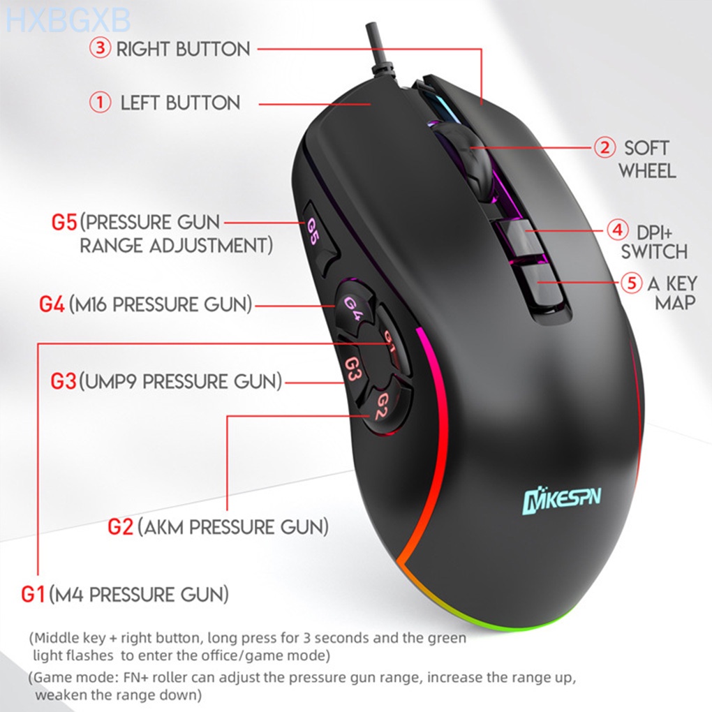 Game Mouse Wired 10 Buttons Gaming Mouse Adjustable RGB Computer Accessory with Colorful Light HXBG