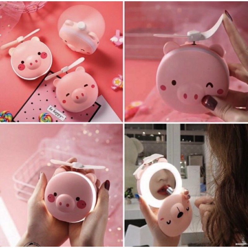 Quạt heo 3 in 1, có gương và đèn LED dùng pin sạc, bỏ túi mang đi