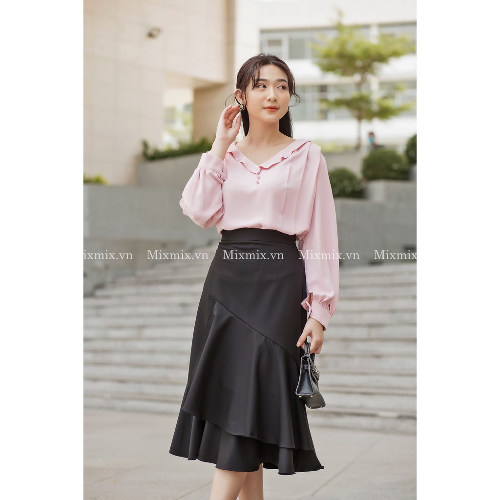 Áo lụa cổ tim viền bèo - MIXMIX - Hàng thiết kế- Hình chụp thật 100%