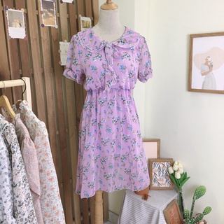 Váy đầm hoa nhí vintage cổ nơ body chun eo dáng xòe bánh bèo tay phồng ulzzang Hàn Quốc, Đầm thiết kế dáng dài