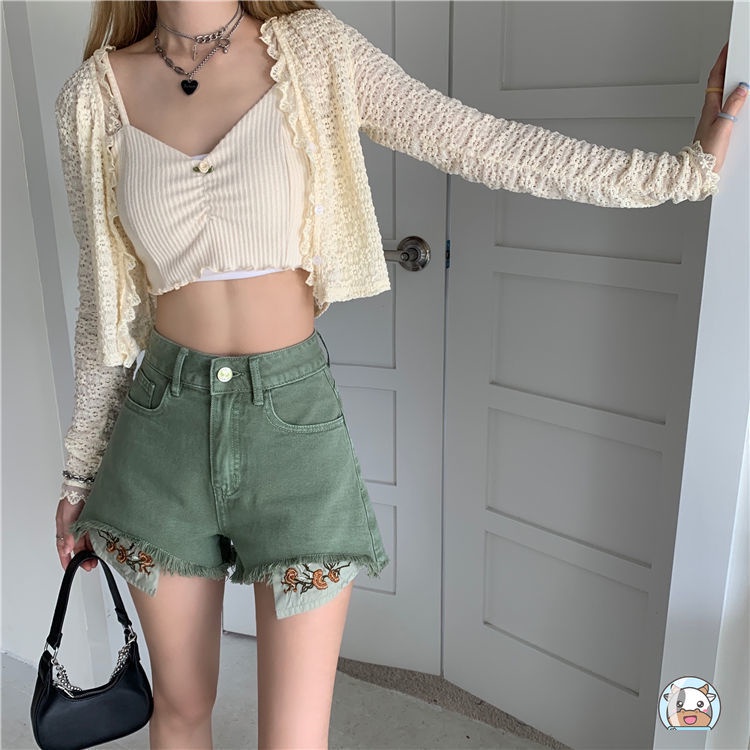 Quần Short denim Thêu Họa Tiết Thời Trang retro Cá Tính Cho Nữ