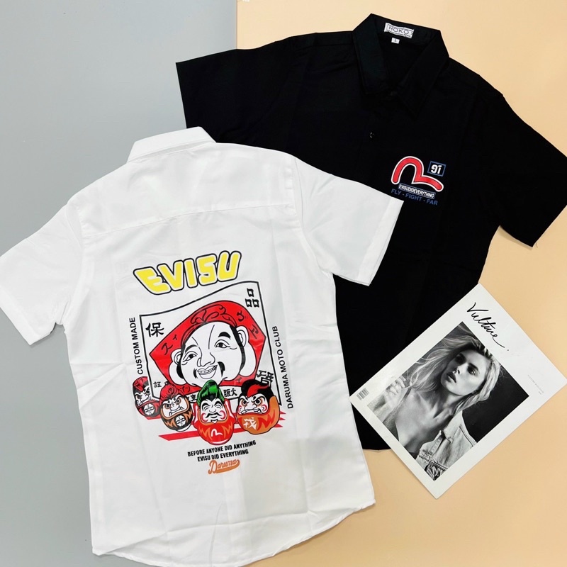 Áo sơ mi nam nữ tay ngắn EVISU in họa tiết lụa co dãn mịn chống nhăn giá rẻ cao cấp tara_shop96