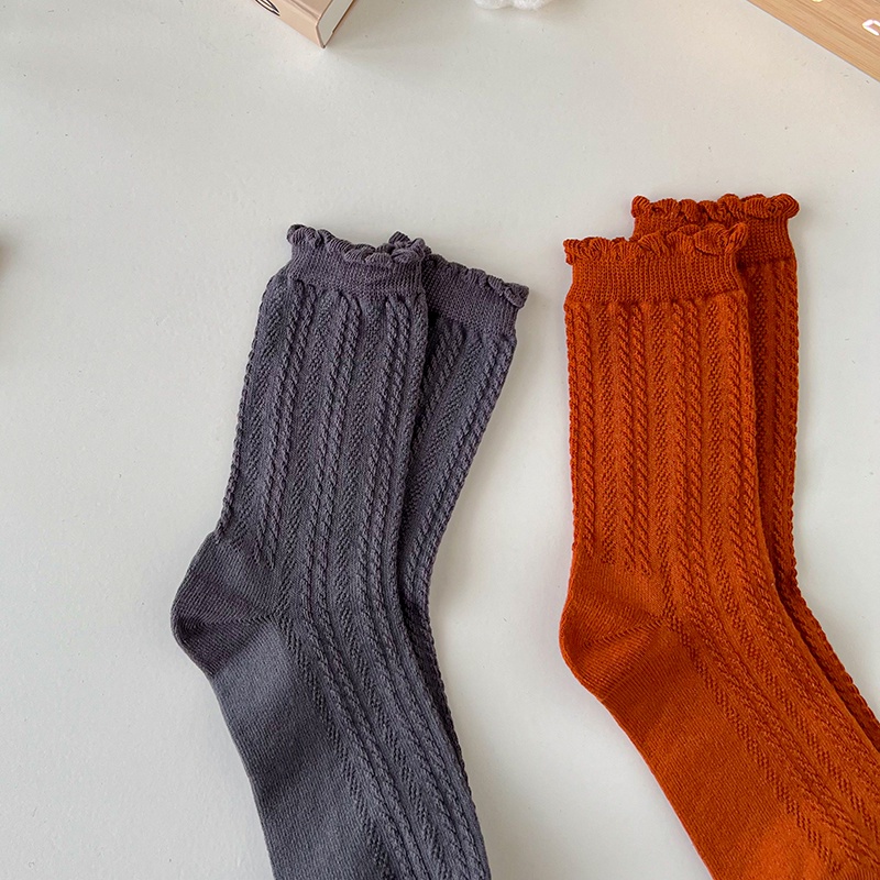 Vớ cổ cao vừa gấu nhún bèo màu trơn cotton lưới thoáng khí phong cách ngọt ngào đáng yêu dành cho nữ