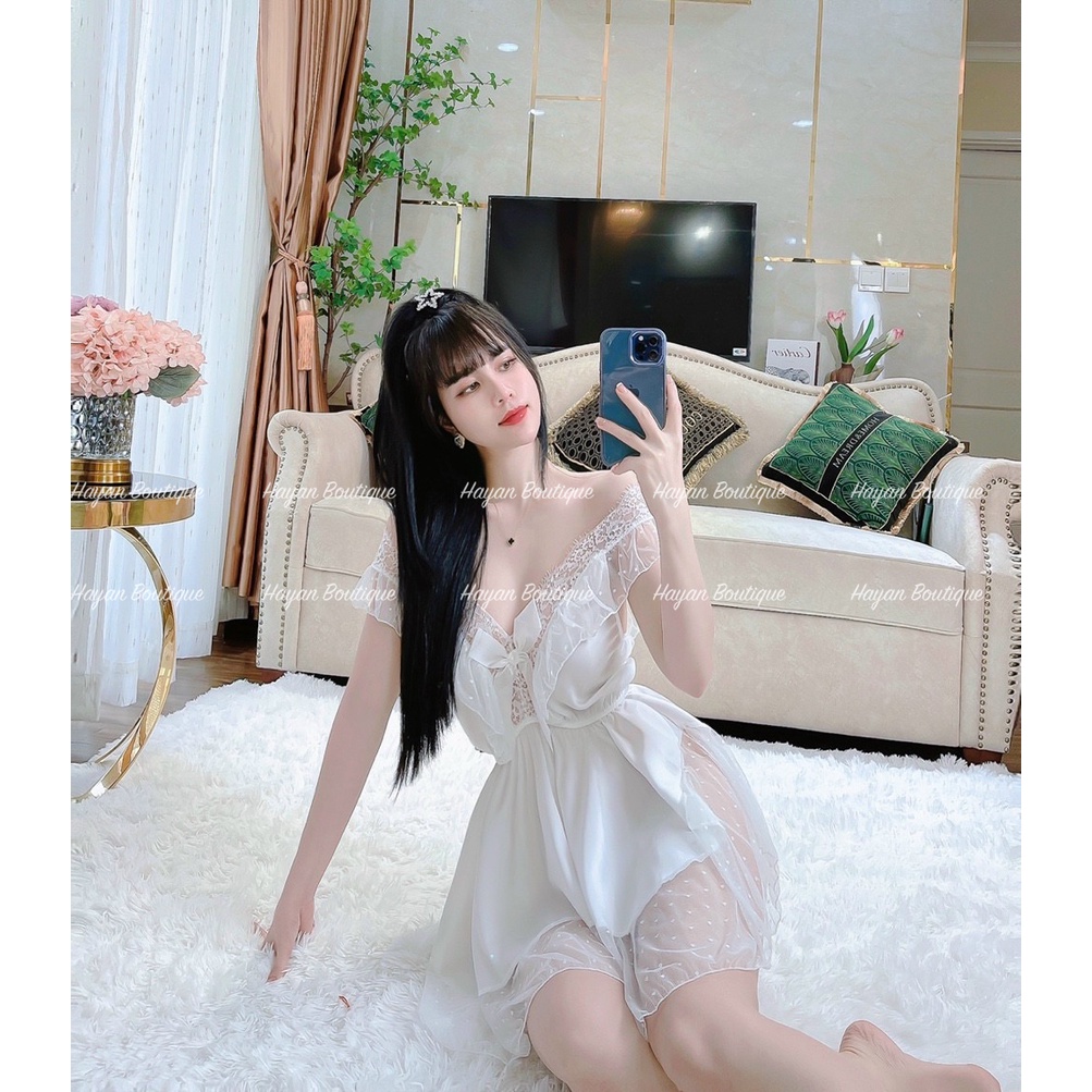 HT57 Váy ngủ sexy viền ren tiểu thư sang chảnh, váy ngủ lụa dáng xoè xẻ ngực gợi cảm HT57
