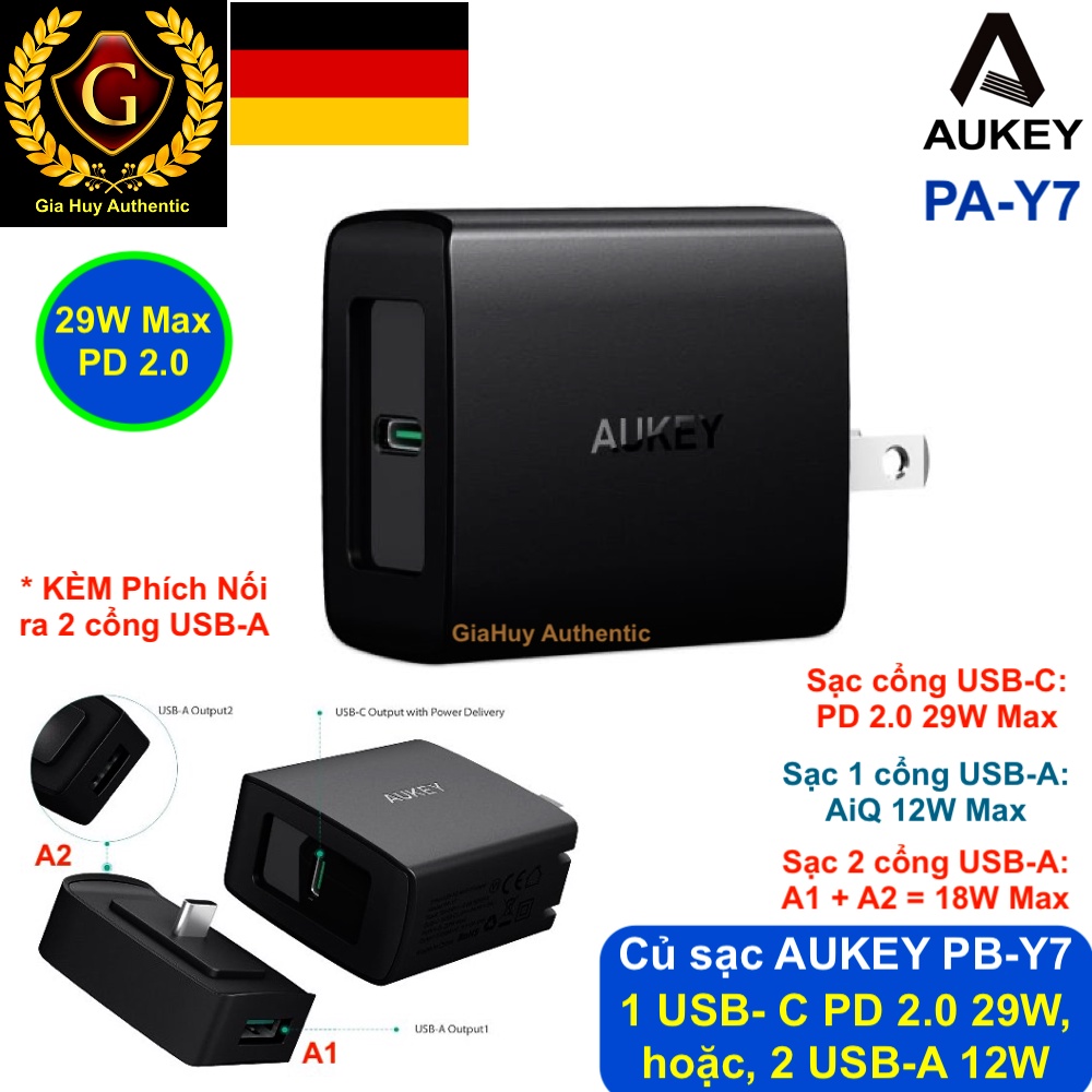 Củ sạc nhanh AUKEY PA-Y7 Amp PD 2.0 29W (Kèm phích chuyển đổi ra 2 USB-A 12W)