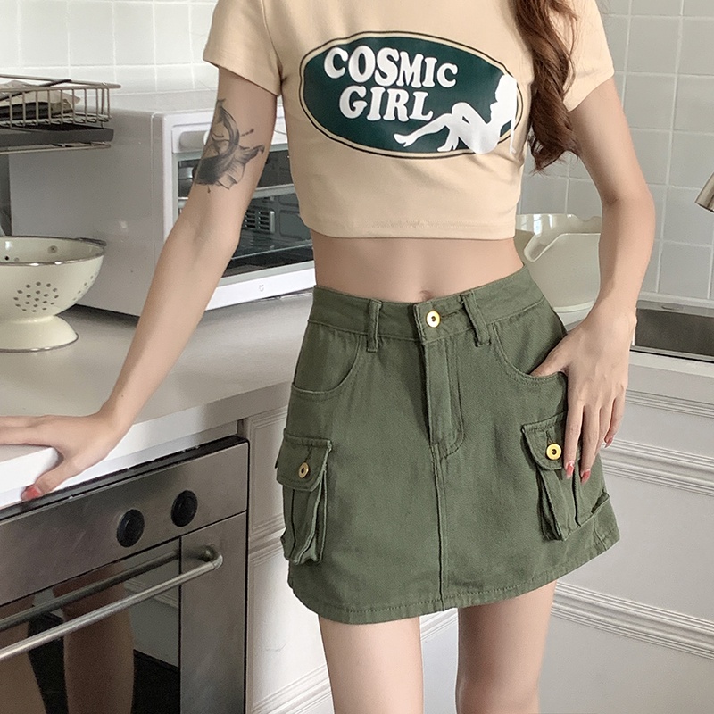 Chân Váy Jean Ngắn Lưng Cao Phong Cách retro Cho Nữ