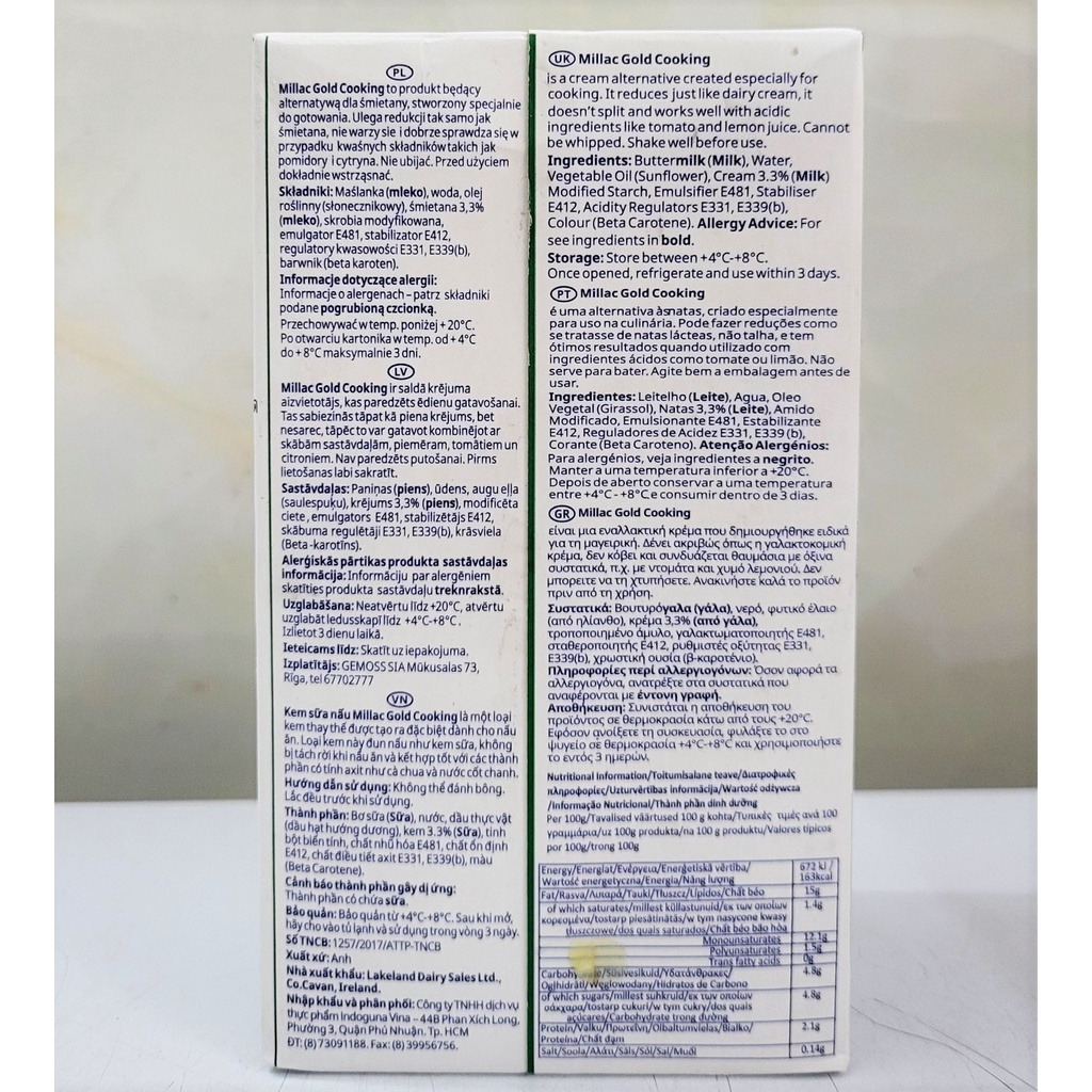 [Hộp 1 Lít – XANH LÁ] KEM SỮA NẤU ĂN (làm súp, nấu mì Ý) [U.K] MILLAC GOLD Cooking Cream For Professionals (nw5)
