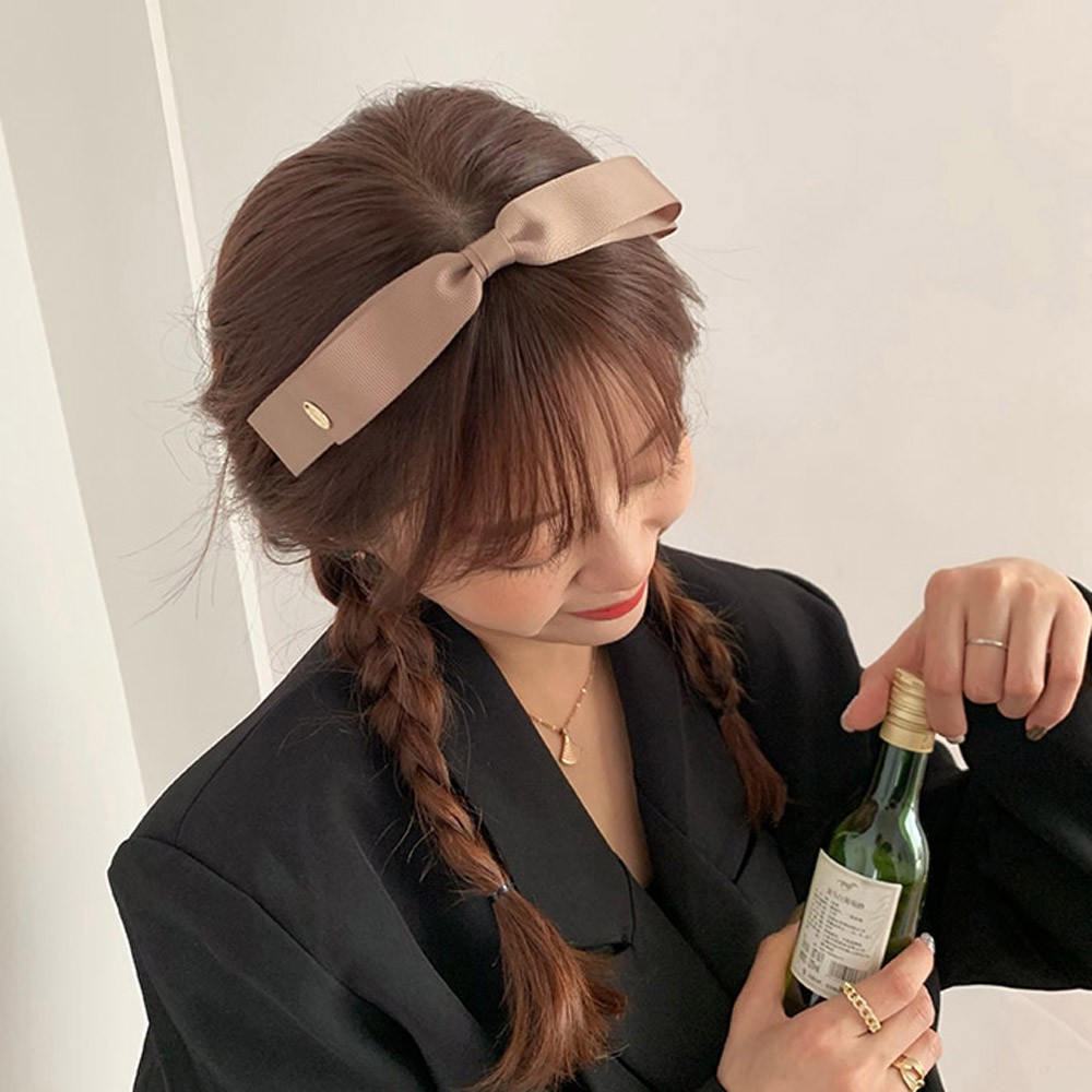 Cài tóc đính nơ màu trơn phong cách vintage thanh lịch cho nữ