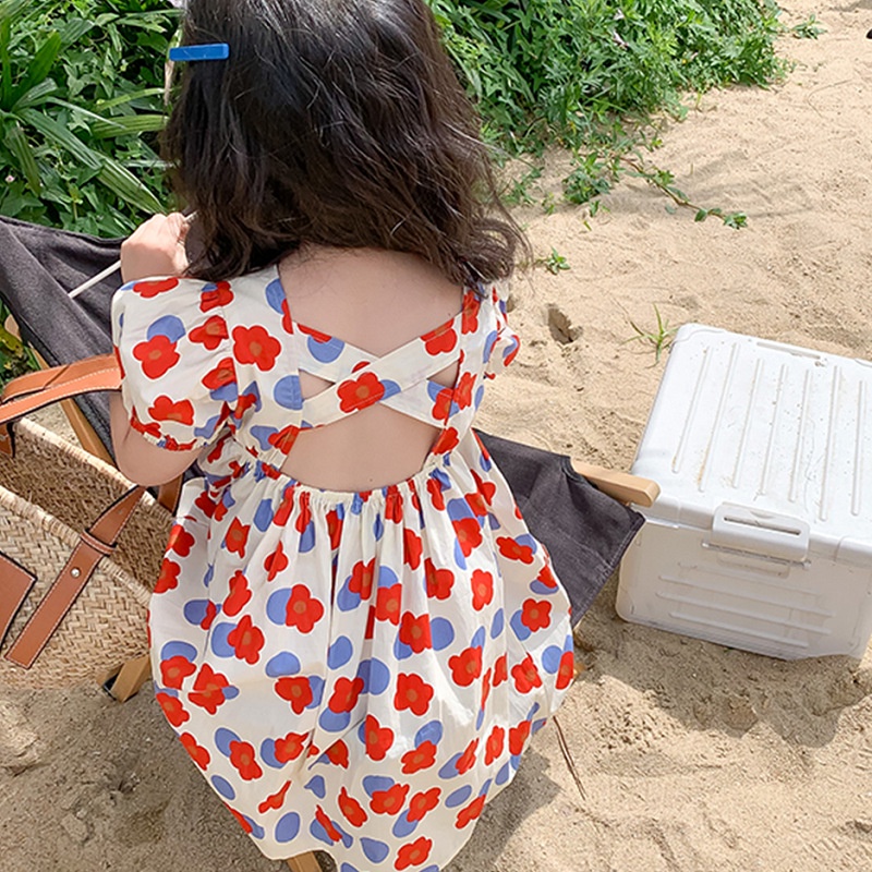Váy  họa tiết hoa ngắn tay thiết kế hở lưng thời trang cho trẻ em 1-6 tuổi