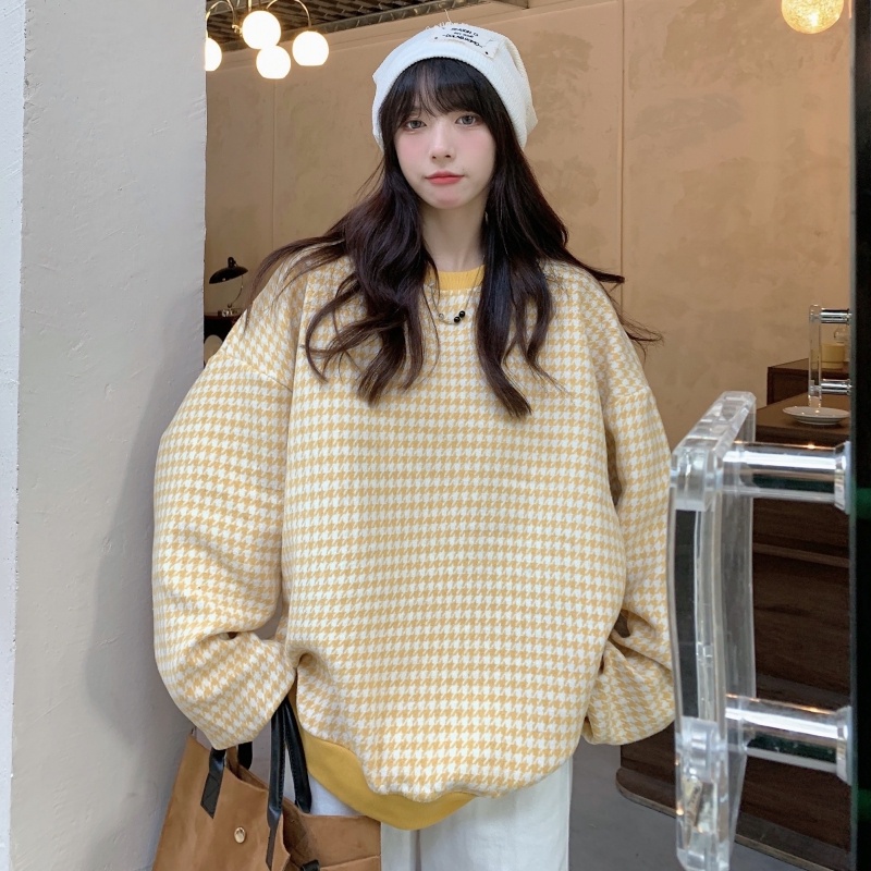 ZHELIHANGFEI Áo Thun Tay Dài Form Rộng Họa Tiết Houndstooth