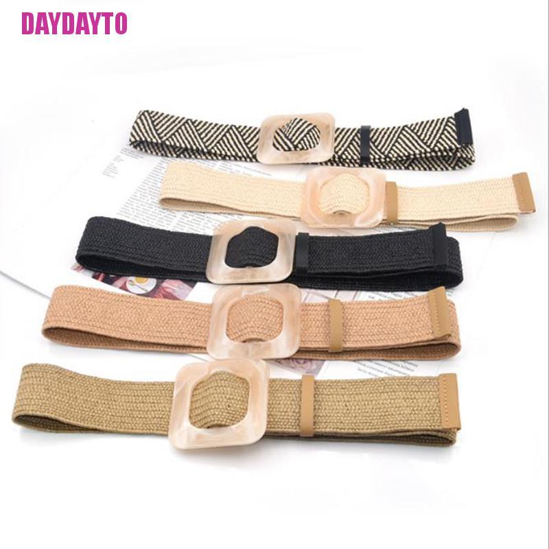 Thắt lưng bện dây cói khóa gỗ vuông phong cách boho cổ điển thời trang mùa hè xinh xắn cho nữ