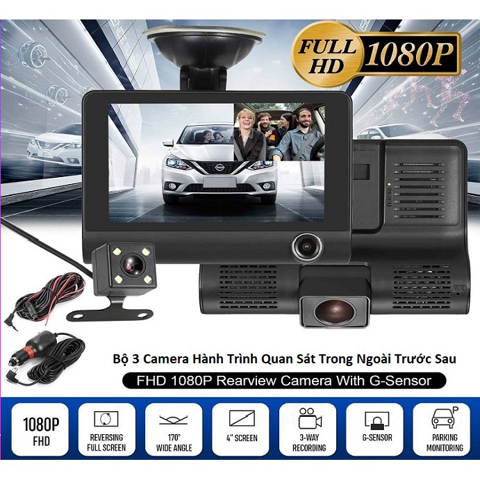 Camera hành trình 3 trong 1 quan sát tổng thể xe, màn hình 4 inh full HD 1080- cả trước và sau xe