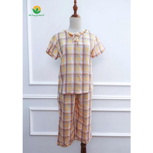 Bộ cotton quần lửng áo cộc tay nữ kẻ caro B46.2005 - Thời trang gia đình VT