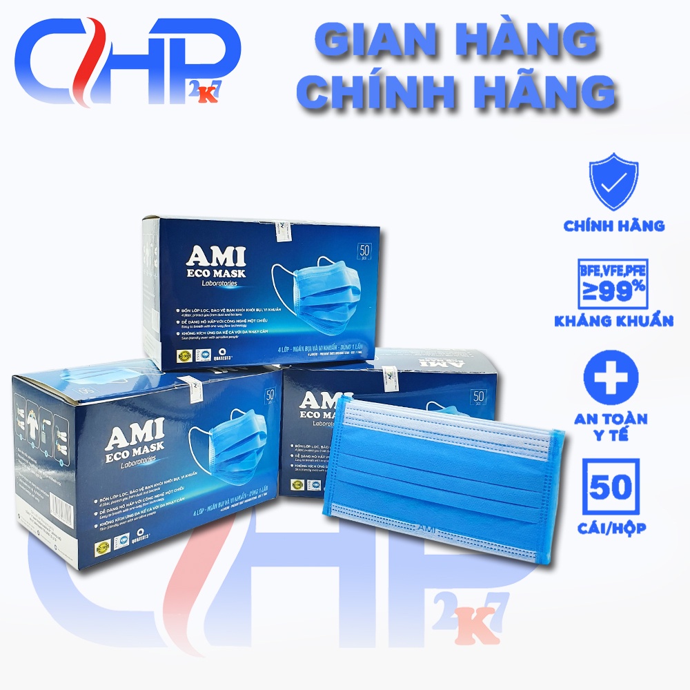 (Ami xanh) Hộp khẩu trang y tế Ami 4 lớp màu Xanh chính hãng 50 cái