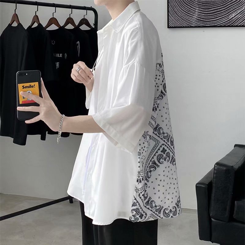 Áo Sơ Mi Tay Ngắn Vải Lụa Lạnh Kiểu Nhật Bản Cá Tính Cho Nam Sinh
