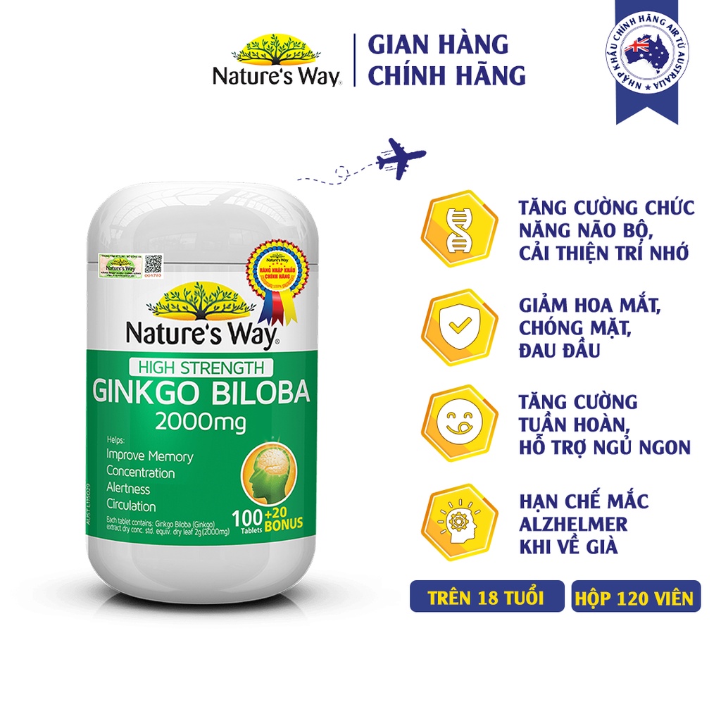 Viên Uống Tuần Hoàn Não Nature's Way High Strength Ginkgo Biloba Tăng Cường Trí Nhớ 2000mg