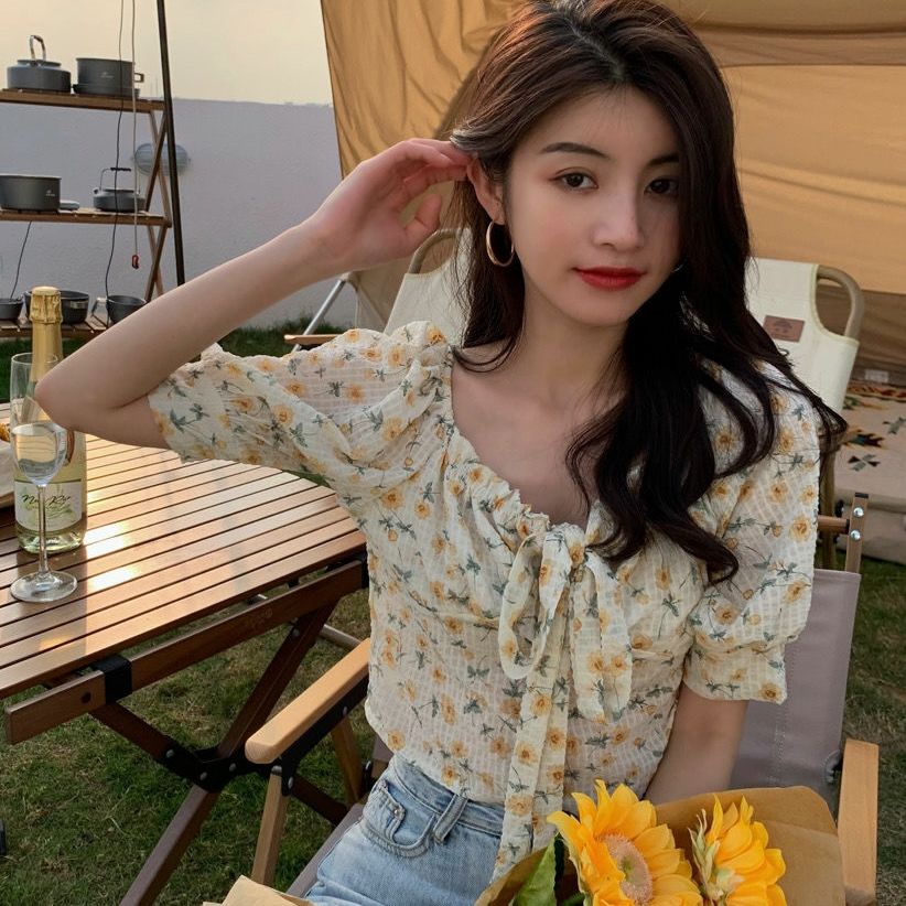 Áo Kiểu Tay Phồng Ngắn In Họa Tiết Hoa Thời Trang Mùa Hè Dành Cho Nữ