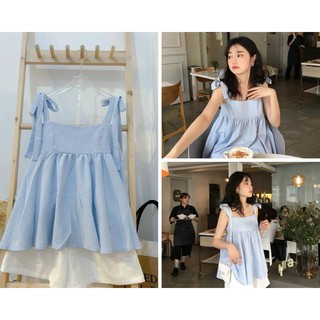 [Ảnh thật/Sẵn]Set áo kẻ nơ vai dáng babydoll+sooc trắng,Set bộ đồ style Hàn Quốc
