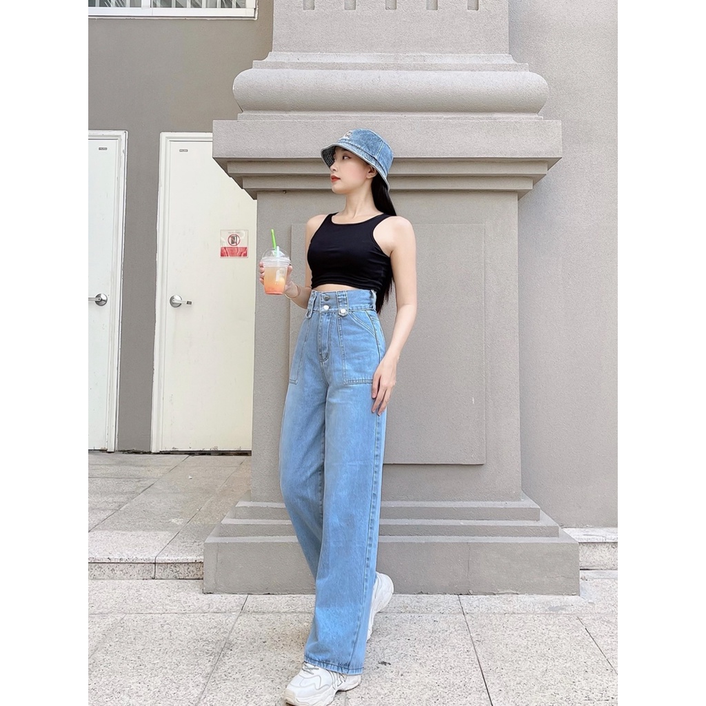 Quần Jean Ống Rộng Dài Nữ Lưng Cao Dáng Suông 2 Nút Bên Cao Cấp Cực Hot OHS3905