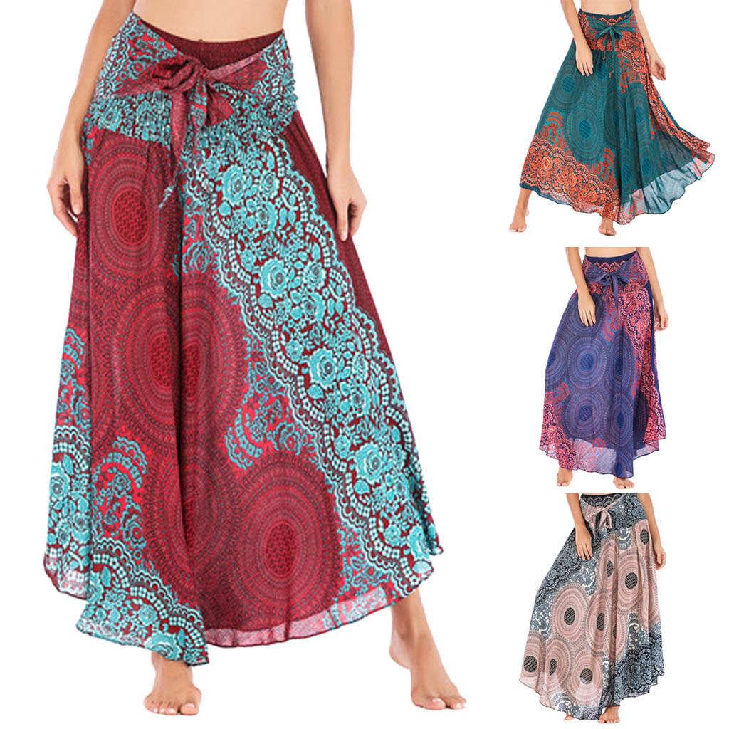 Women Long Hippie Bohemian Gypsy Boho Flowers Elastic Waist Floral Halter Skirt