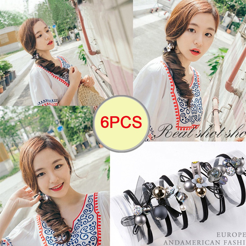 Set 7 Dây Buộc Tóc Co Giãn Đính Bóng Lông Đơn Giản Phong Cách Hàn Quốc