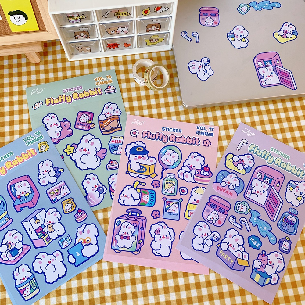 Set stiker / miếng dán pvc trang trí sổ tay / cốc / bình / ốp điện thoại / laptop Fuffly Rabbit siêu cute