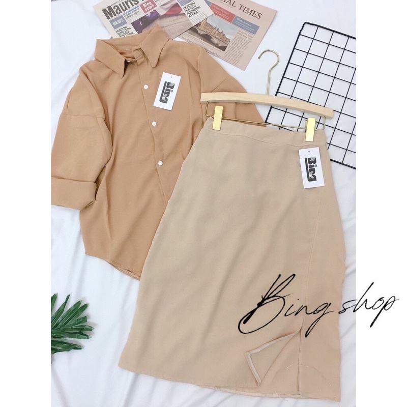 Set chân váy xẻ - áo sơ mi dài tay vải đũi Bing có bán rời