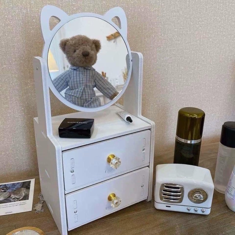 Kệ mỹ phẩm để bàn 2 ngăn có gương hình mèo - Kệ đựng đồ trang điểm trang sức có gương 2 tầng hình tai mèo dễ thương