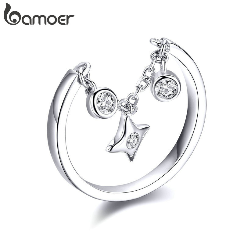 Nhẫn Bamoer SCR408 bạc 925 hình ngôi sao và hạt zircon có thể điều chỉnh kích thước