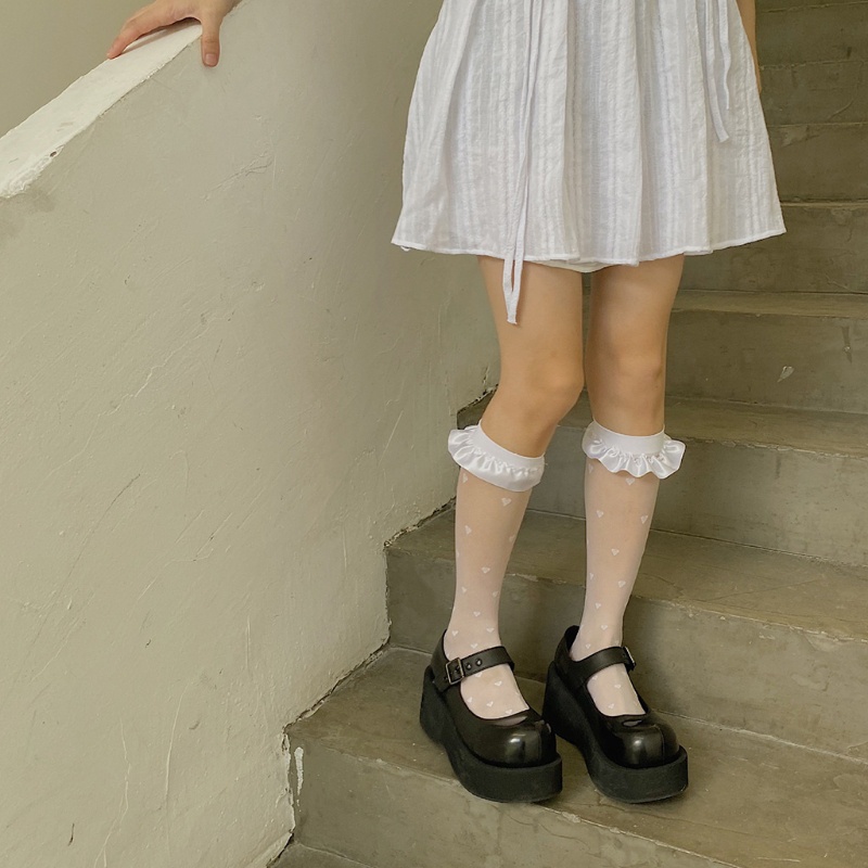 Vớ Cao Đến Đầu Gối Bằng Lụa Satin Viền Xếp Nếp Họa Tiết Trái Tim Phong Cách Nhật Bản Ngọt Ngào Cho Nữ Xiang