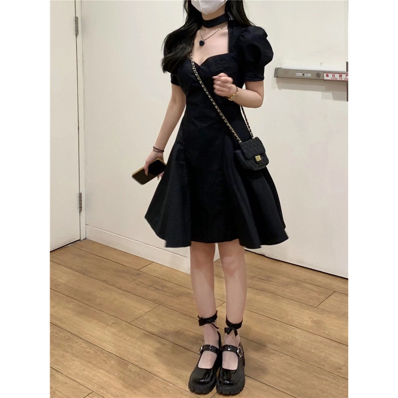 Đầm Tay Phồng Màu Đen Phong Cách Pháp Cổ Điển Thời Trang Mùa Hè Cho Nữ 2022