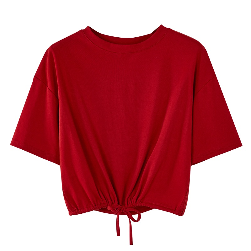 Áo Thun crop top Tay Ngắn Cổ Tròn Dáng Rộng Màu Trơn Đơn Giản Phối Dây Rút Thời Trang Cho Nữ