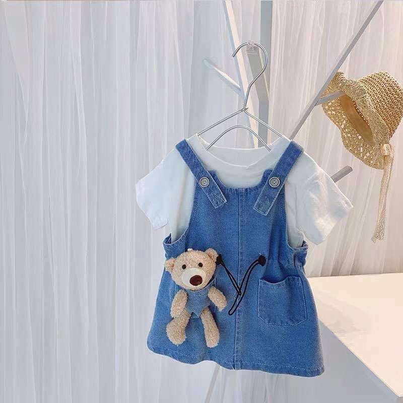 Váy yếm bò kèm áo cotton có gấu bông siêu cute cho bé, set đồ chơi hè cao cấp cho bé, chất liệu mềm mịn co dãn nhẹ