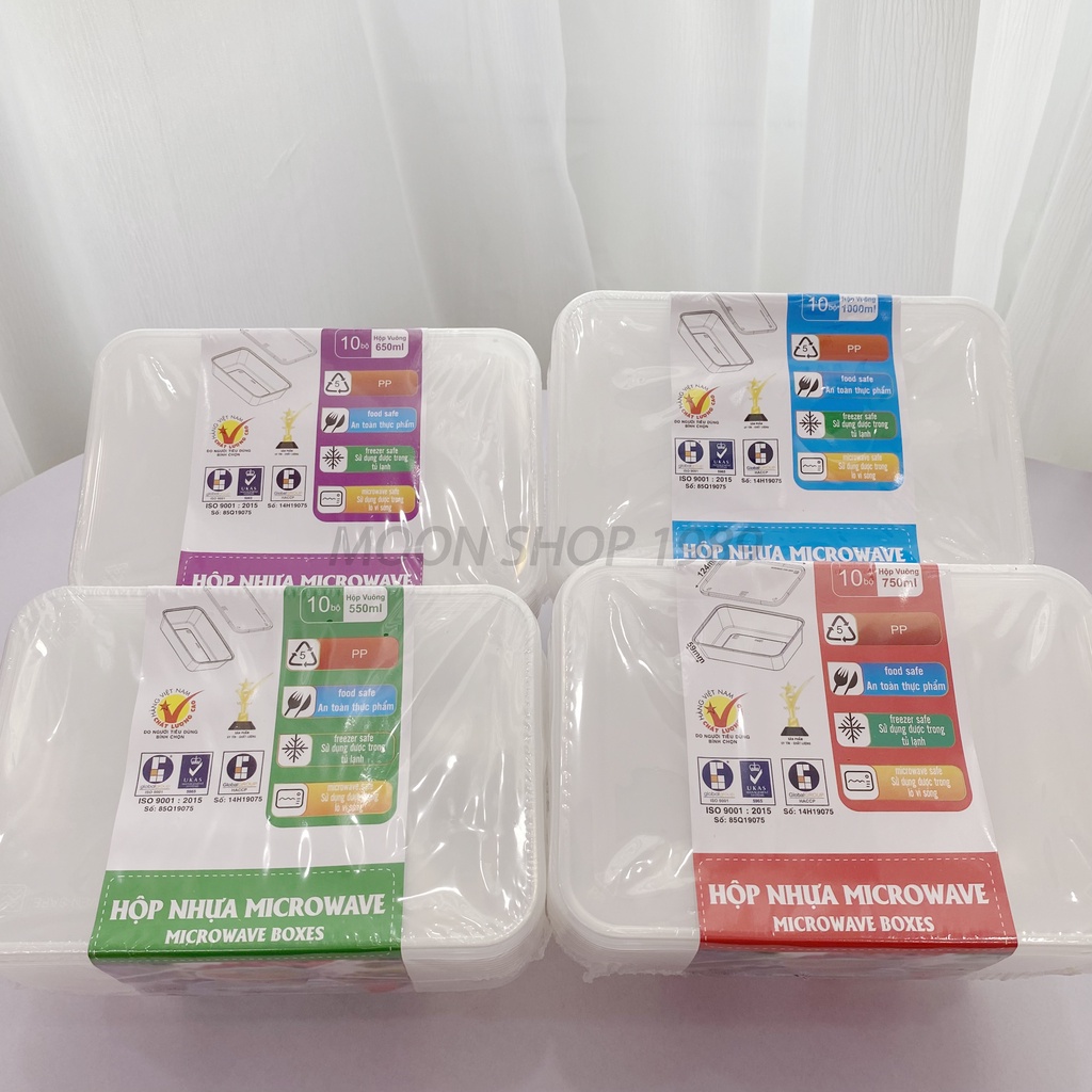 Combo 10 hộp nhựa chữ nhật cao cấp kèm nắp (dùng được trong lò vi sóng)