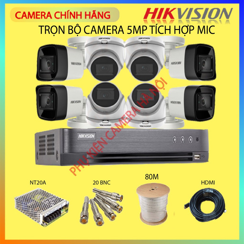 [Trọn bộ 8 CAMERA 5MP vỏ kim loại có MIC thu âm ] Hikvision 5MP vỏ kim loại 2560 x 1944 (FULL PHỤ KIỆN LẮP ĐẶT)